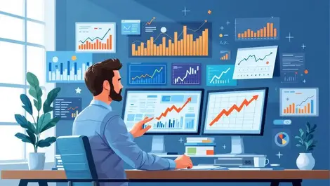 Financial adviser analyzing digital charts stock market portfolio growth modern office