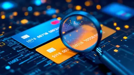 Realistic illustration credit cards magnifying glass inspecting transactions binary code machine learning fraud detection