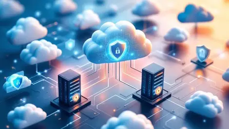 Detailed digital illustration cloud servers secure network shield icons unified identity endpoint security hybrid multi cloud