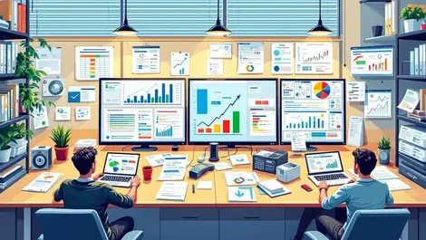 Realistic office workspace computers spreadsheets financial documents graphs analysis automation