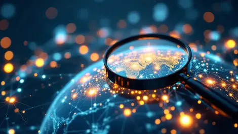 Glowing data points globe magnifying glasses global analytics ai marketing