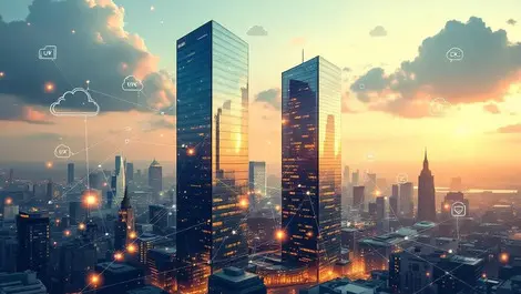 Modern office buildings merging digital cloud network uk cityscape business