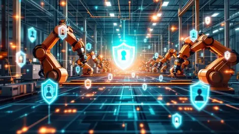 Modern factory floor automated robotic arms digital shield network connections