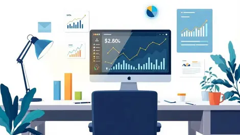 Professional workspace graphs financial docs digital analytics growth efficiency small business