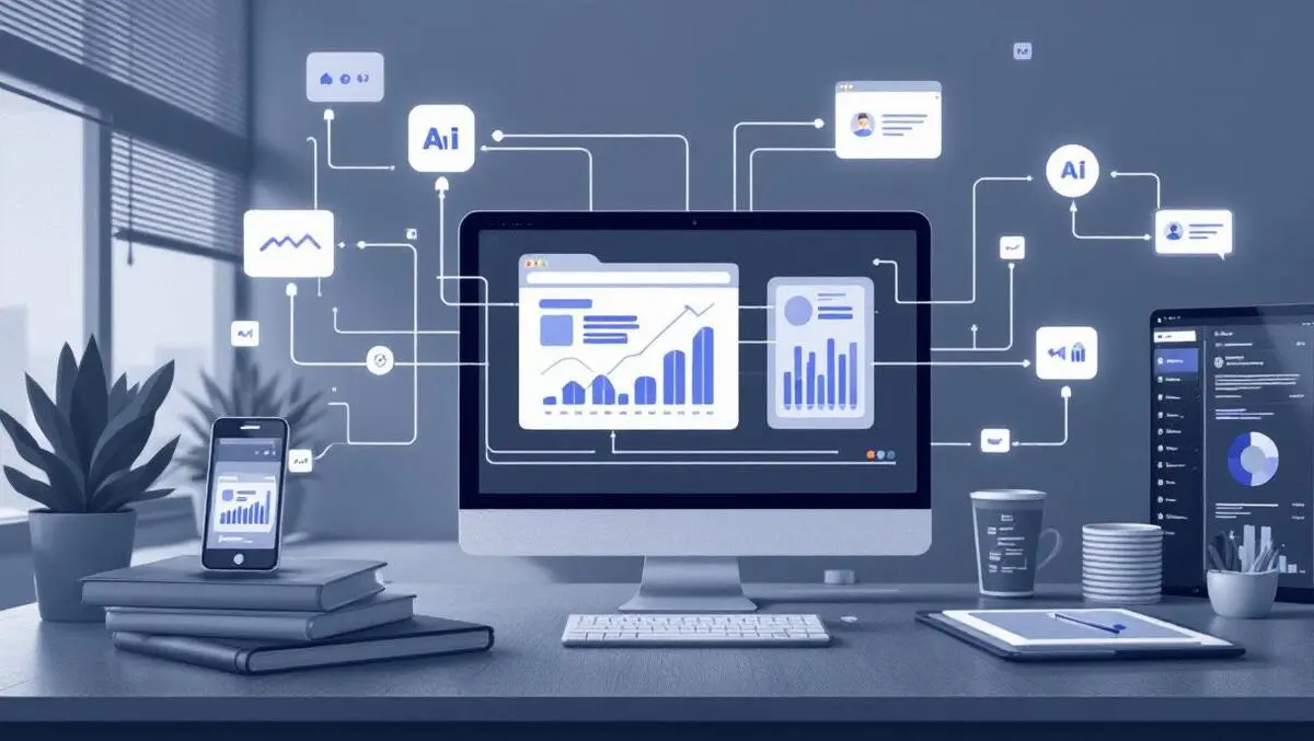 Interconnected digital devices smartphones laptops tablets graphs messaging icons streamlined ai marketing automation modern tech workspace
