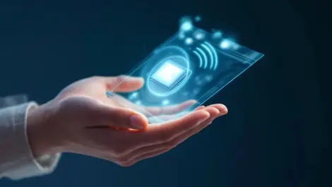 Realistic hand holding packaged product nfc chip glowing waves wireless communication technology