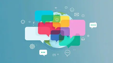 Illustration multicolored speech bubbles overlapping globe digital communication icons