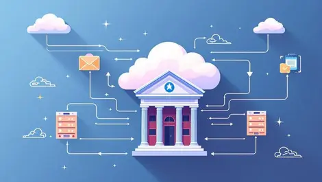 Modern bank building connected to cloud servers with digital data flow icons