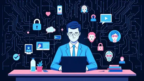 Businessperson digital security ai deepfakes masked faces computer circuitry