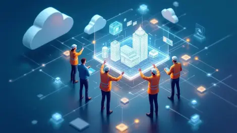 Engineers collaborating 3d model virtual interface cloud data nodes