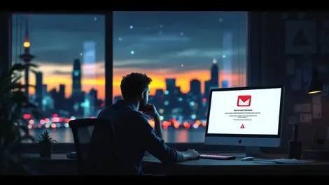 Kiwi business owner suspicious email auckland office dusk scene