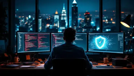 Stressed software engineer sf night office security errors monitors