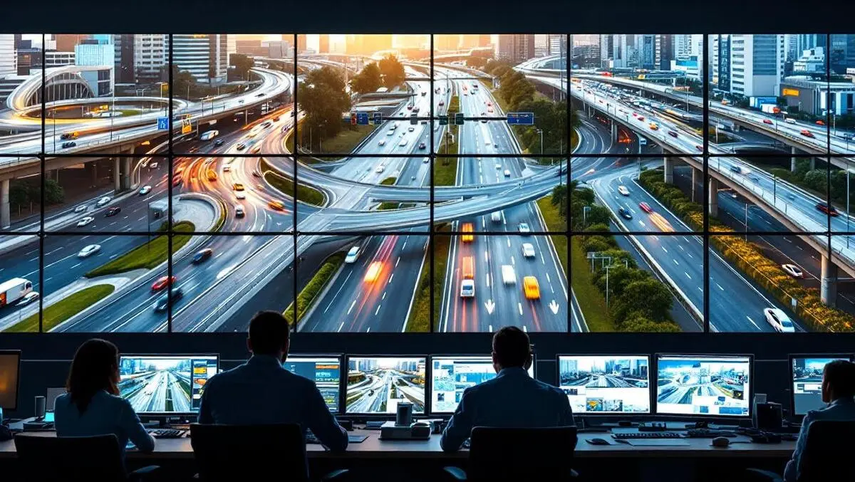 Modern city traffic control room cctv wall busy roads vehicles