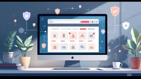 Global ecommerce marketplace screen with security warnings illustration