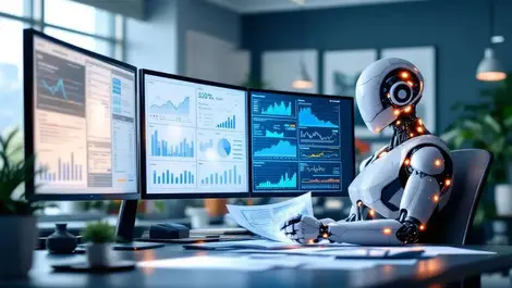 Cfo reviewing reports with transparent ai assistant in modern office