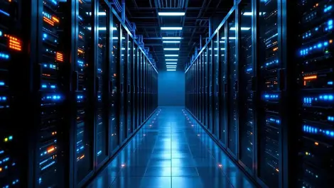 Modern ai data center aisle with gpu servers blue cabling