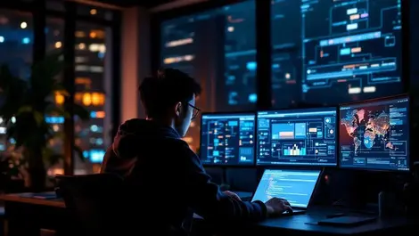 Japanese software engineer night office ai automation data flows