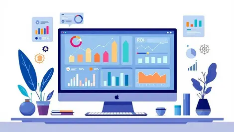 Marketer workstation analytics dashboard colorful roi charts dials