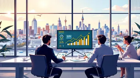 Nz boardroom auckland skyline execs reviewing iot energy charts