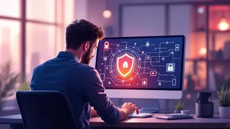 Software engineer phone screen glowing shield mobile app security