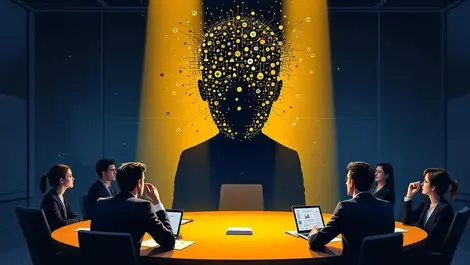 Ai shadow over conference room worried executives fading brand logos