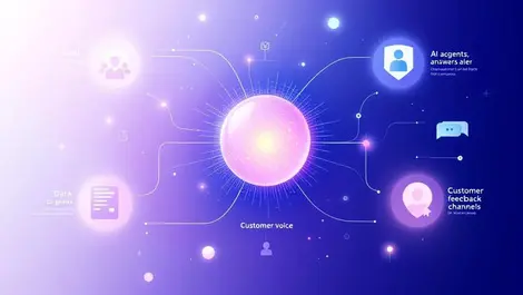 Customer voice glowing sphere ai data nodes quadrant blue purple