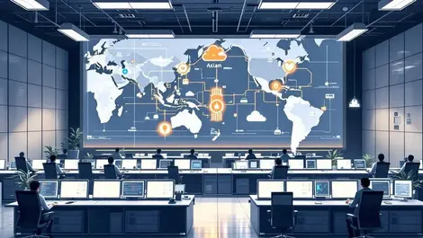 Asian gov data center control room digital map secure flow