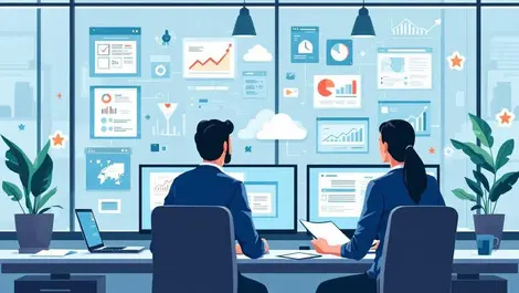 Editorial accountants office reviewing financial docs cloud automation workflow charts