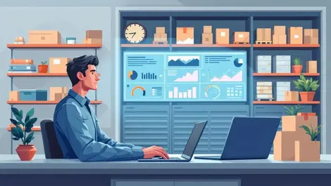 Editorial self storage analytics office manager laptop dashboard flow