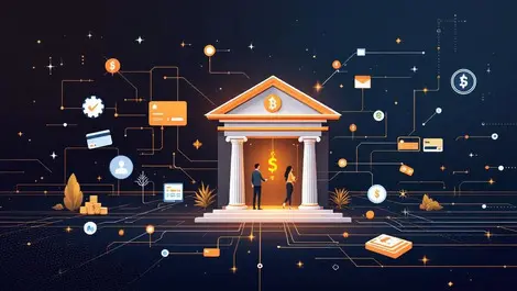 Editorial fintech bank payment office blockchain network lines cards